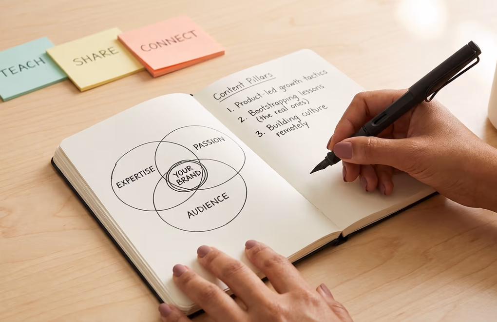 Professional planning personal brand strategy with notebook and sticky notes on desk
