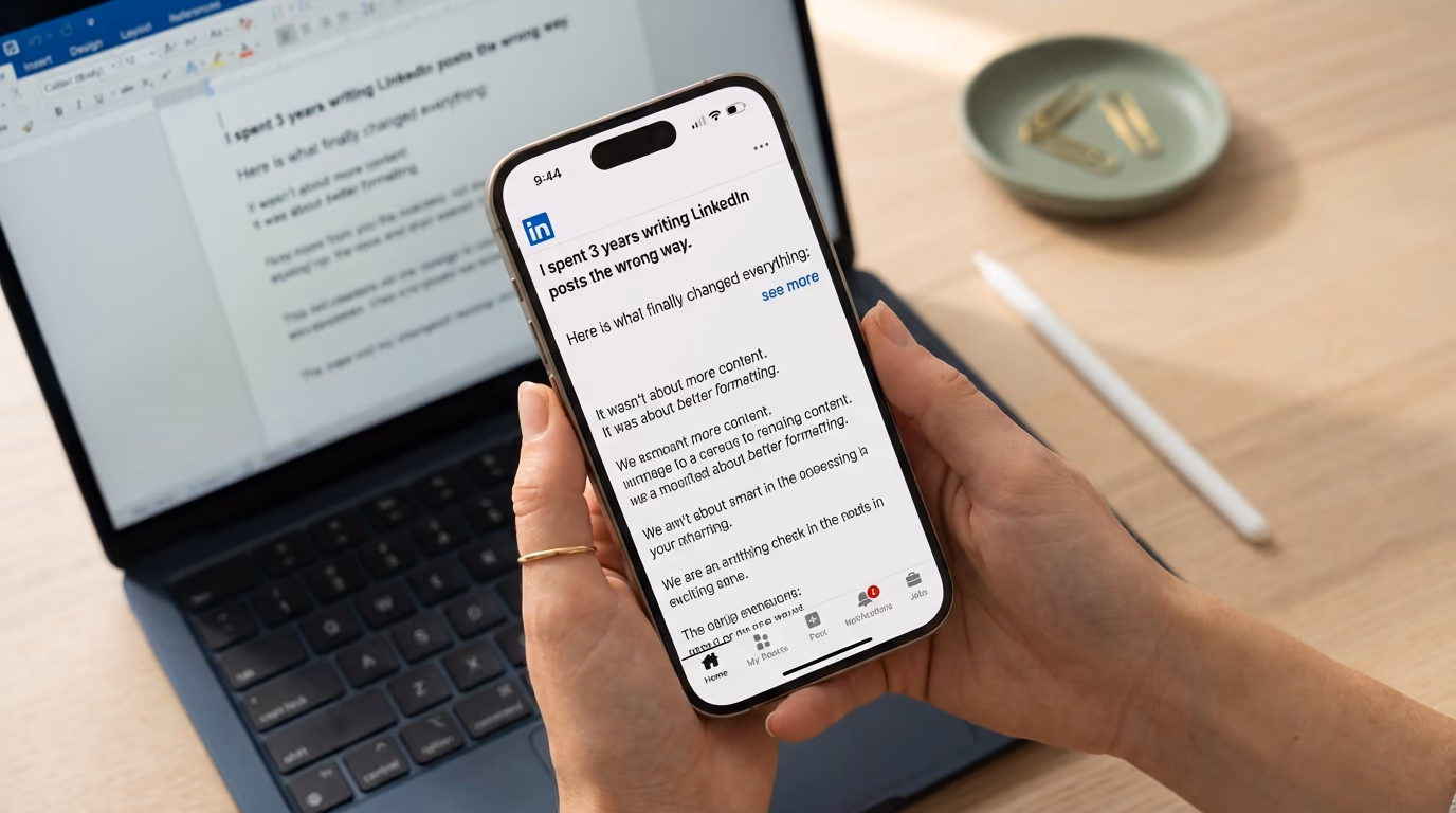 Close-up of a smartphone a LinkedIn post with bold and italic formatted text alongside a laptop with a text formatter tool