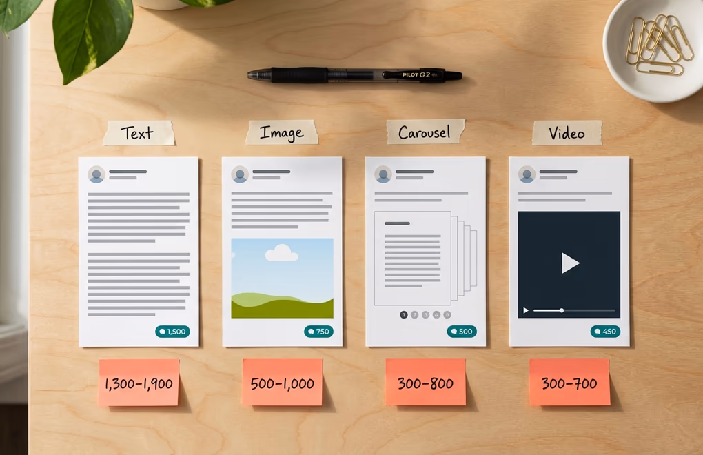 Four LinkedIn post mockups side by side showing text-only, image, carousel, and video formats with different caption lengths