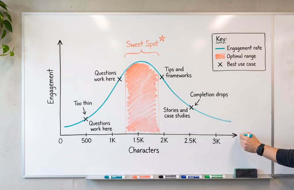 A hand-drawn engagement curve on a whiteboard showing how LinkedIn post performance peaks in the middle character range