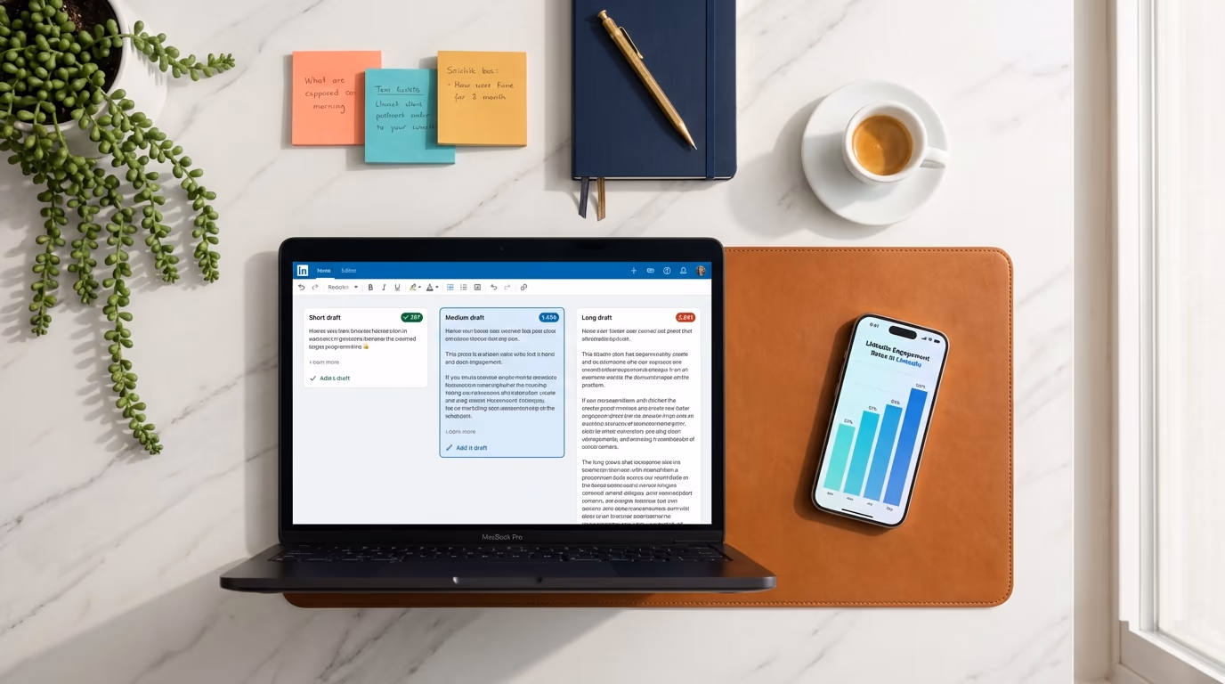 Person reviewing LinkedIn post drafts of different lengths on a laptop with a phone showing engagement metrics beside it