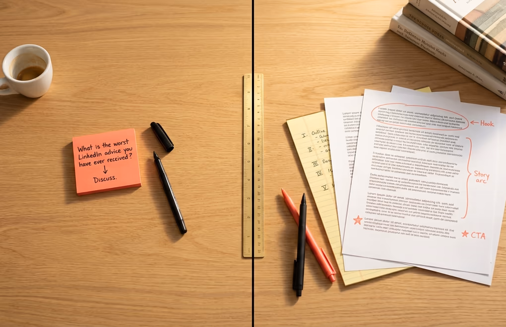 Split view of a desk with a brief sticky note on one side and a multi-page document on the other, short and long form content