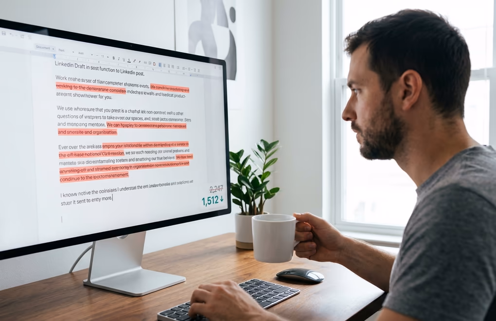 Person editing a LinkedIn post draft on a monitor with struck-through text the process of cutting unnecessary sentences