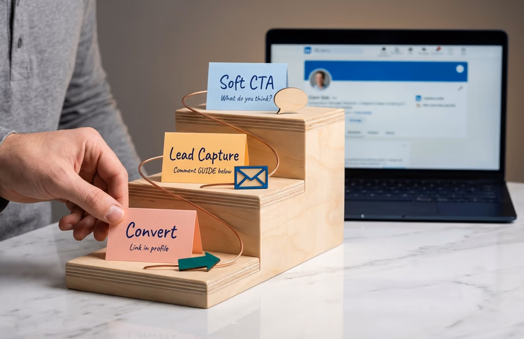 Three-step CTA ladder progression from soft engagement CTAs at the top through comment-trigger lead capture in the middle