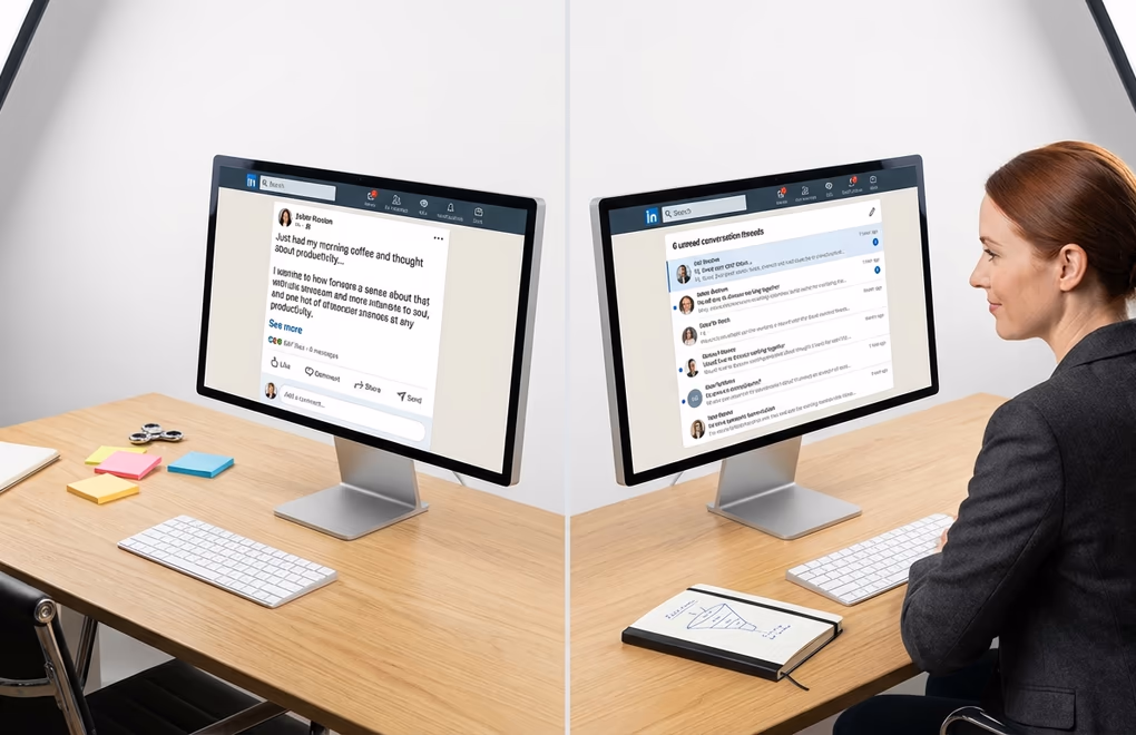 Split screen two LinkedIn posts side by side, left post has hundreds of likes but zero DMs, right post has fewer likes