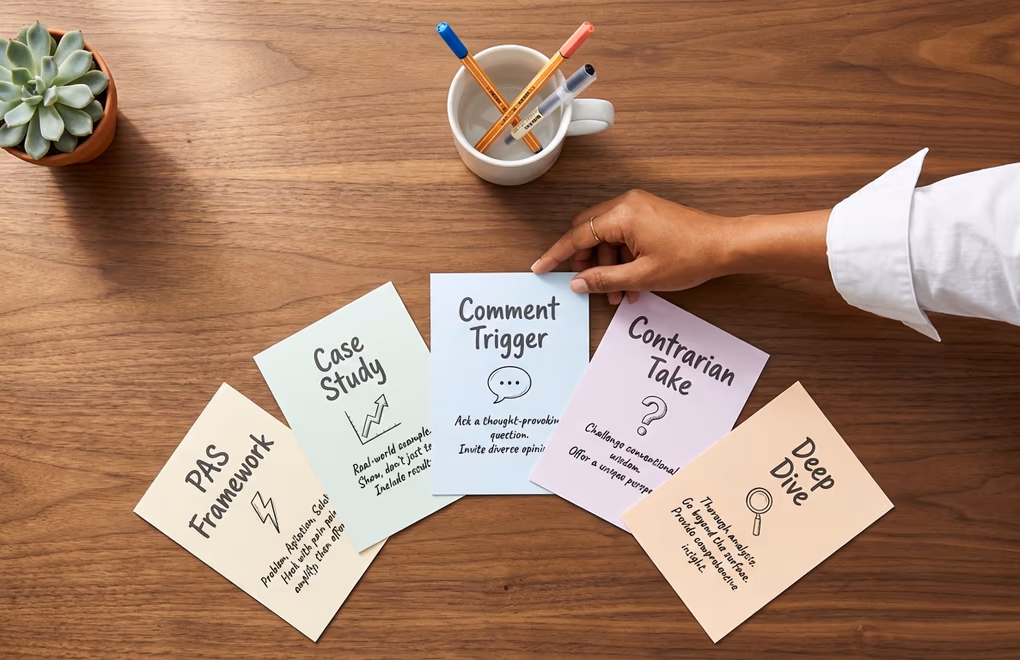 Five LinkedIn post layouts arranged in a fan pattern on a desk, each labeled with its framework name, PAS, Case Study
