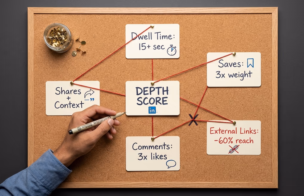 Infographic of LinkedIn's 2026 Depth Score algorithm signals, dwell time, saves, meaningful comments