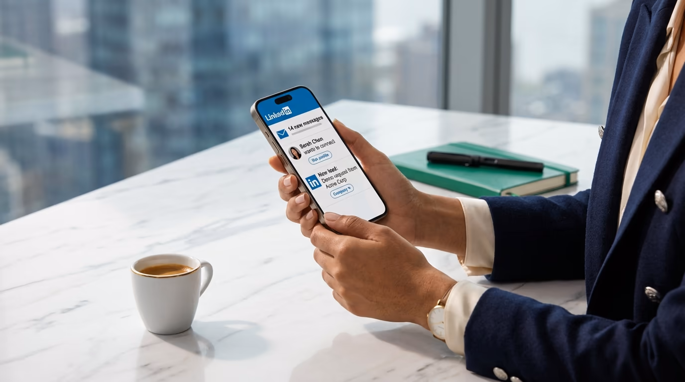 LinkedIn post on a laptop screen with notification bubbles new leads, DMs, connection requests flowing in from a single