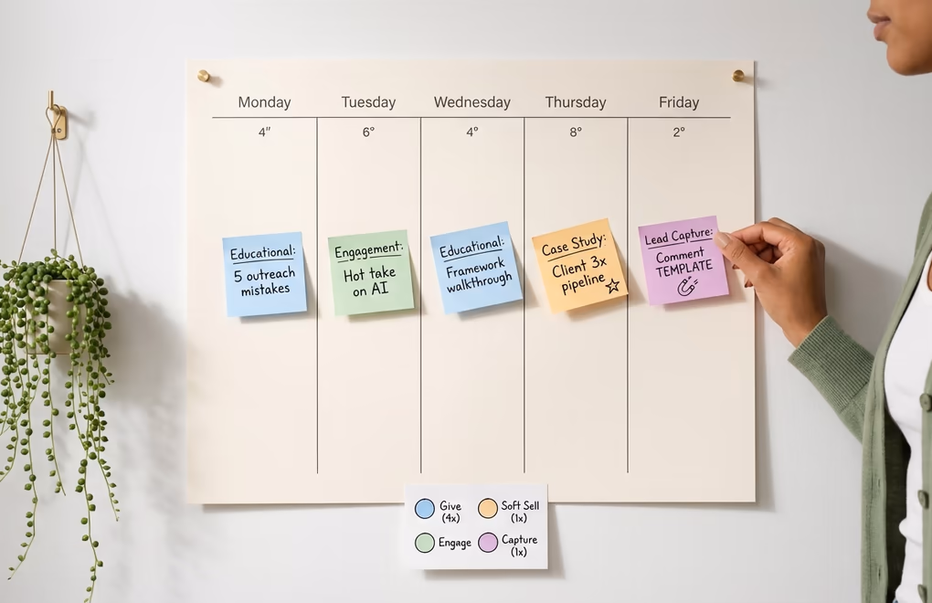Weekly content calendar with a four-post mix with color-coded categories, educational posts in blue, engagement posts in