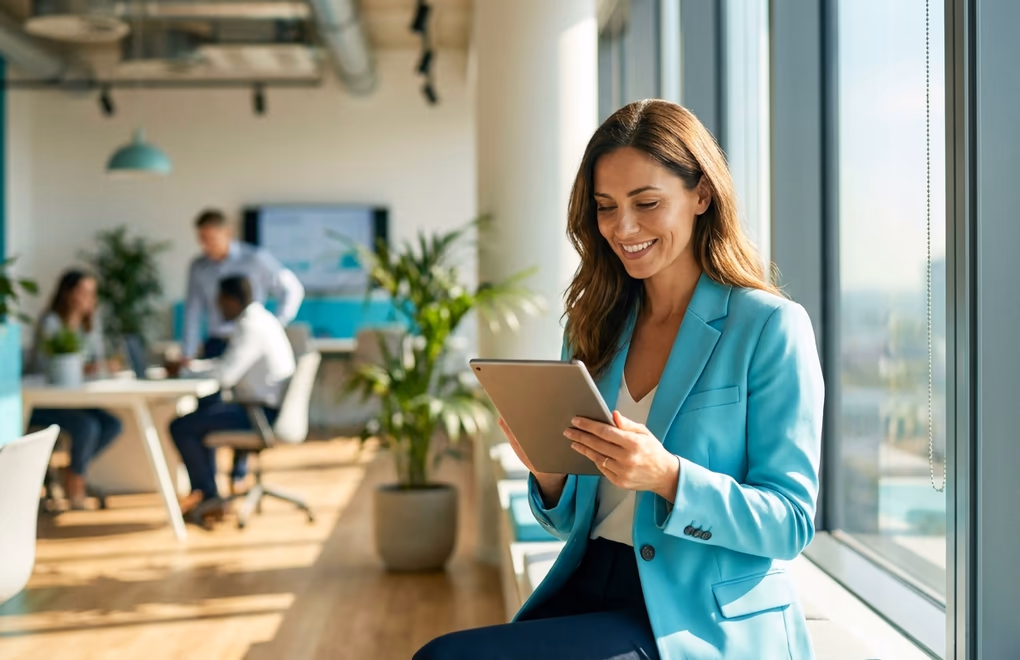 Professional reviewing an optimized LinkedIn profile on a tablet in a modern office