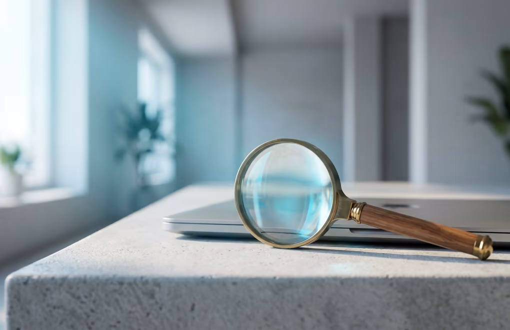 Magnifying glass on a desk representing LinkedIn profile search and keyword discoverability
