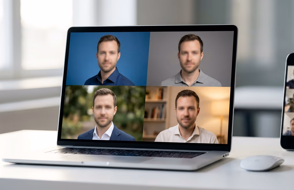 AI-generated headshot comparison on a laptop screen