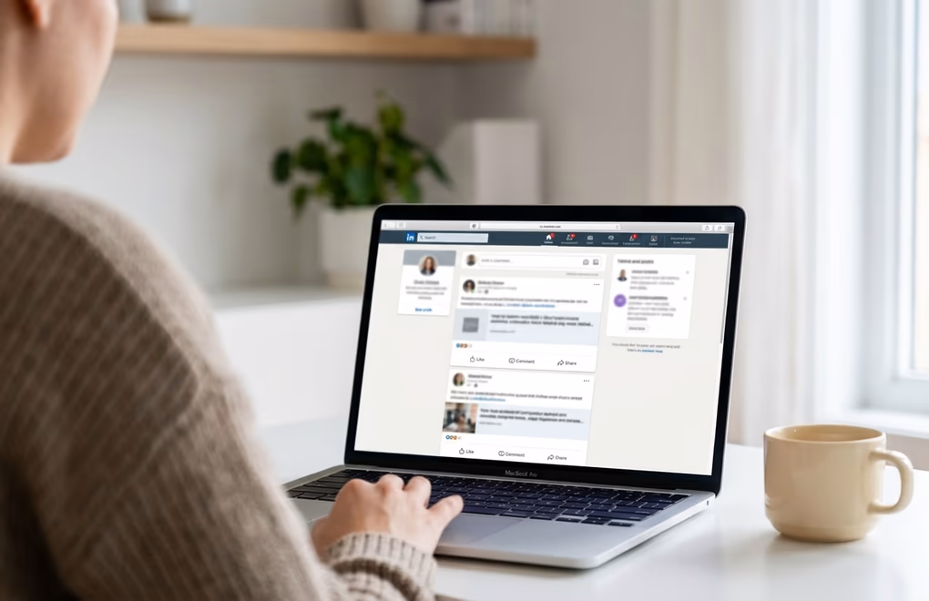 Person scrolling LinkedIn feed on phone with profile pictures visible