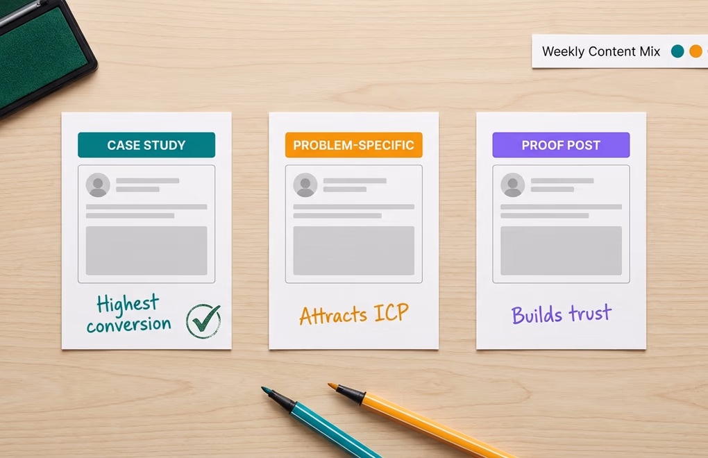 Desk with three printed LinkedIn post mockups labeled case study, problem-specific, proof post with a green checkmark