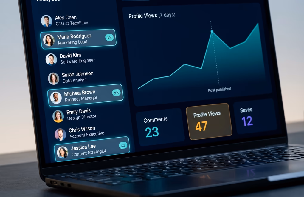 Close-up of a laptop screen LinkedIn post analytics with colored highlights on repeat commenters and profile viewers