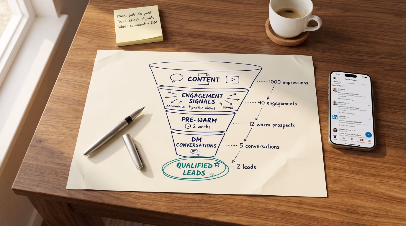 A desk setup with a hand-drawn sales funnel on paper with LinkedIn engagement signals at the top narrowing down to qualified