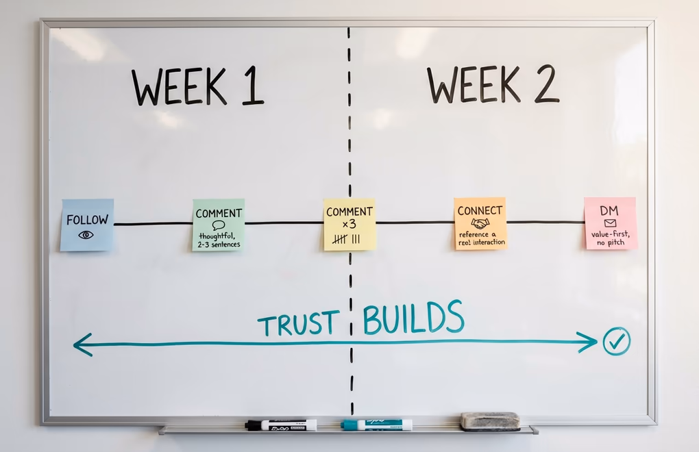 A two-week timeline drawn on a whiteboard with sticky notes at each stage the progression from following a prospect to