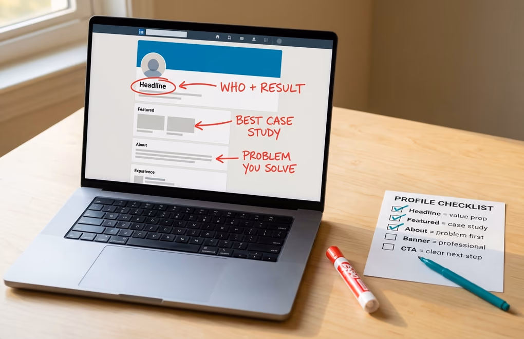 Laptop a LinkedIn profile page with annotation arrows pointing to the headline, featured section