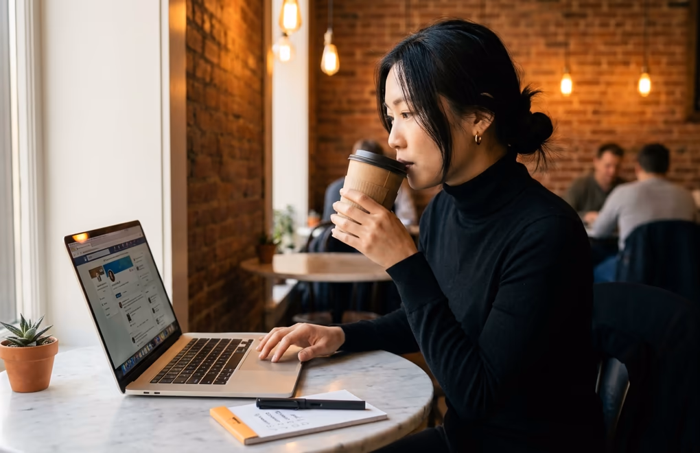 Professional at a cafe table with a laptop LinkedIn notifications while reviewing a short daily checklist on a notepad