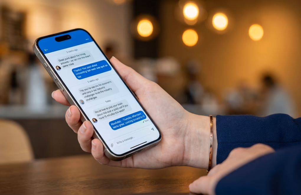 Phone screen with a LinkedIn DM conversation that naturally evolved from commenting on each other's posts over several weeks
