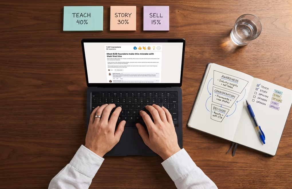 Laptop screen with a LinkedIn post with high engagement next to a notebook with content ideas categorized by prospect