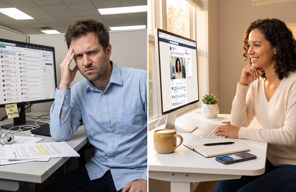 Split screen with a frustrated person deleting cold outreach messages versus a smiling professional engaging naturally in