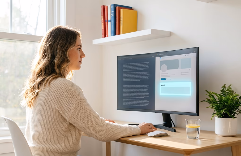 Writer editing an AI-generated LinkedIn summary draft on a bright modern desk