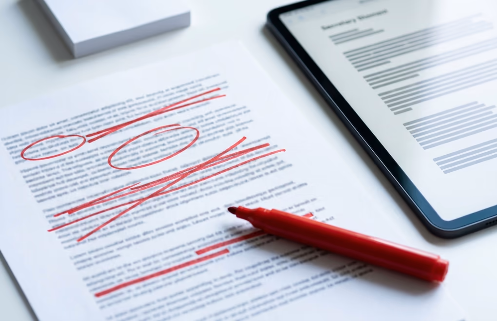 Person crossing out generic buzzwords on a printed LinkedIn profile draft