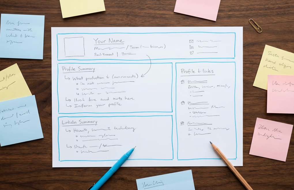 Organized framework showing five sections of a LinkedIn About section layout