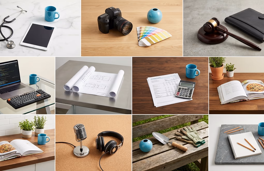 Ten different professional roles represented by distinct workspace setups on a split screen