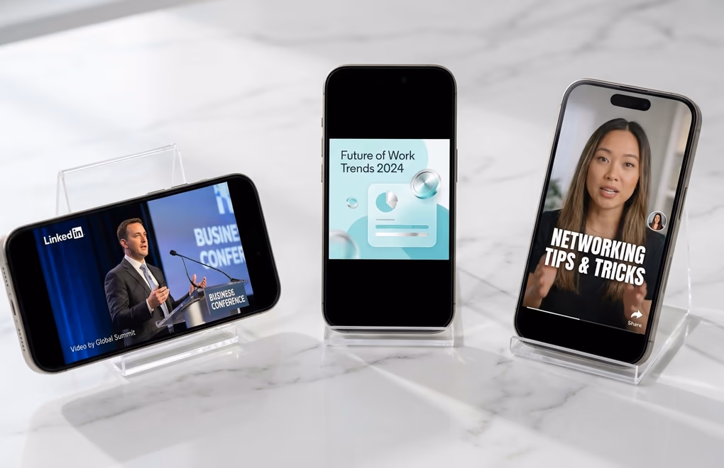 Three phones showing LinkedIn videos in landscape square and portrait formats