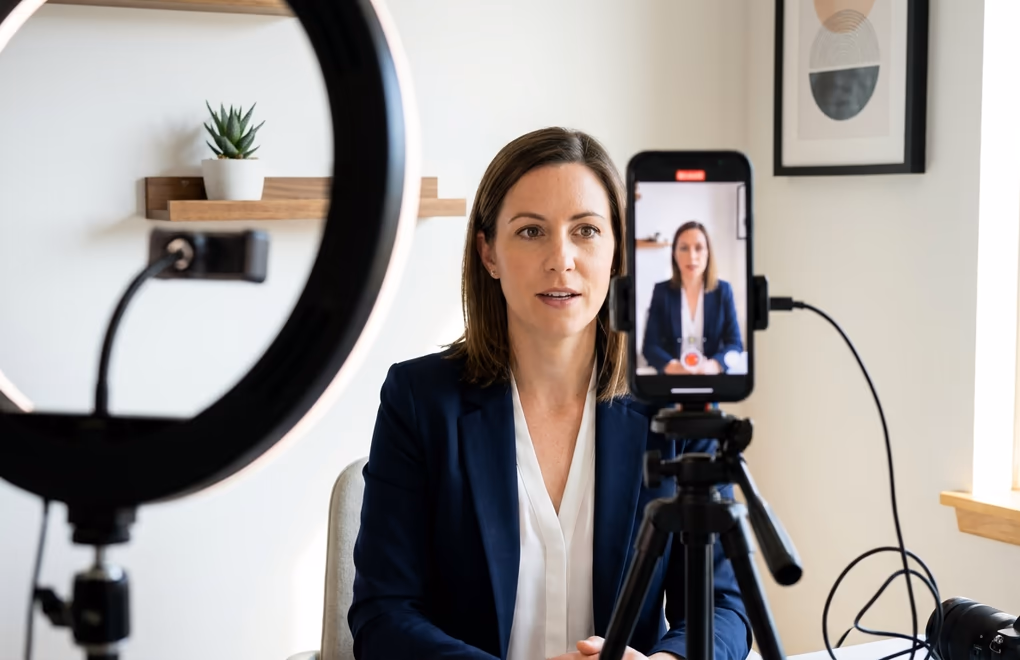 Professional recording a talking-head video with ring light and phone on tripod
