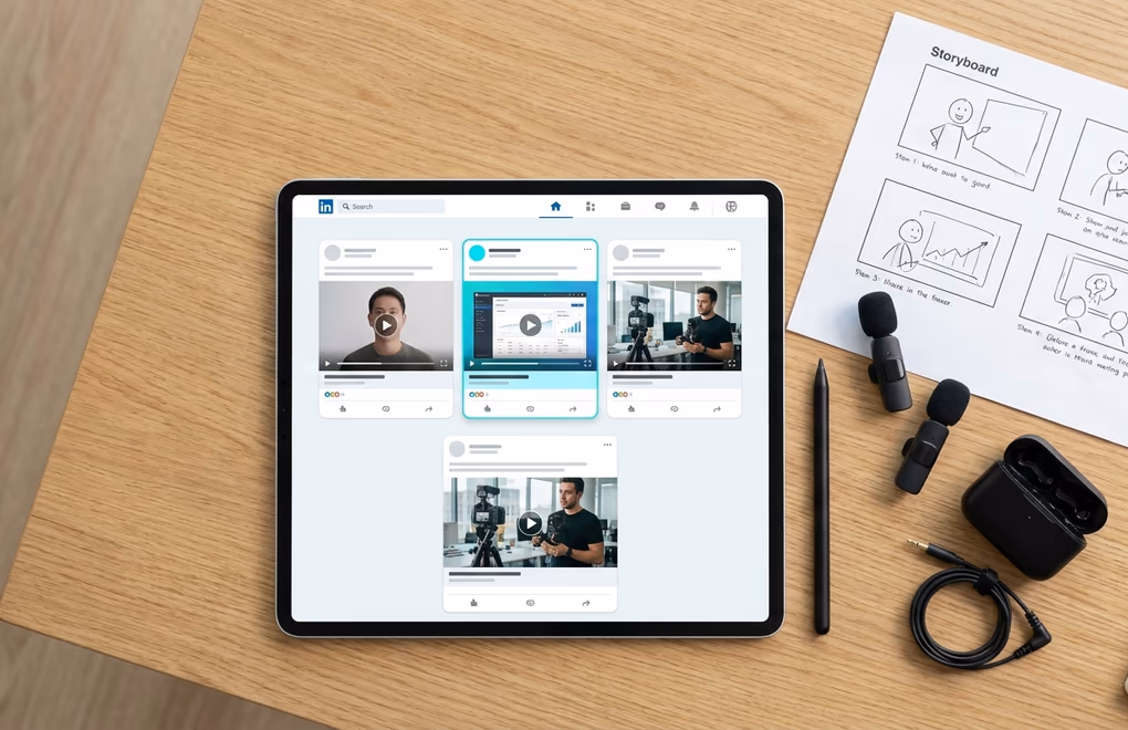 LinkedIn feed showing different video content types including a talking head tutorial and a screen recording