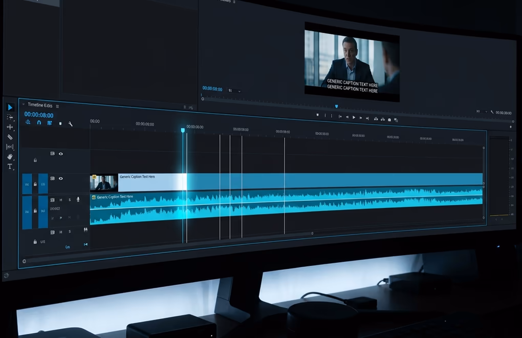 Video editing timeline showing a 30-second clip with waveform and playhead