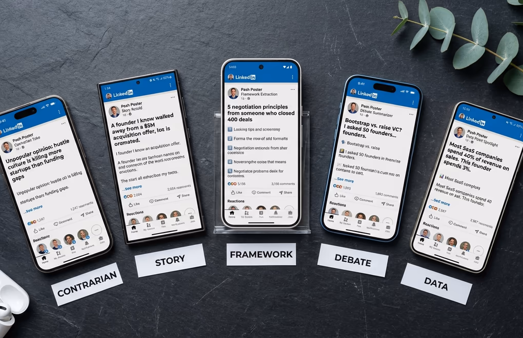 Five LinkedIn post format examples on phone screens story posts, contrarian takes, framework breakdowns, question posts