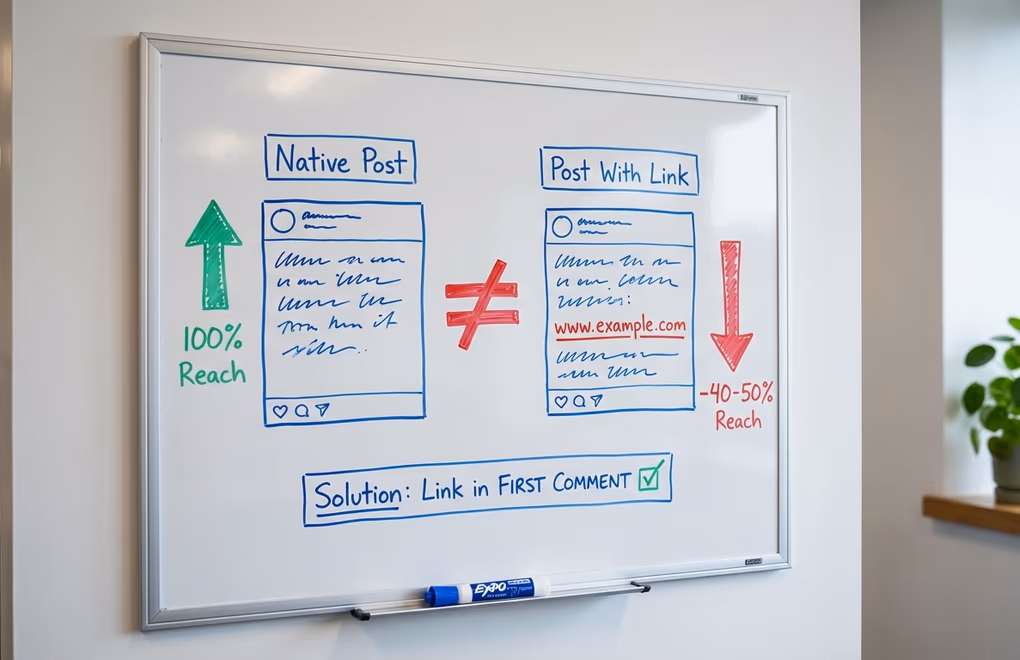 Diagram showing how external links in LinkedIn posts reduce algorithmic reach compared to native content