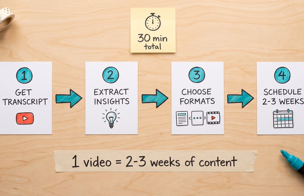 Step-by-step workflow diagram showing how to extract LinkedIn content from a YouTube video in four stages