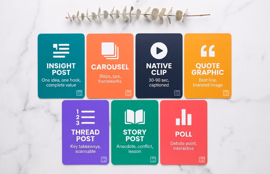 Grid of seven cards LinkedIn content formats derived from video: text, carousel, clip, quote, thread, story, poll