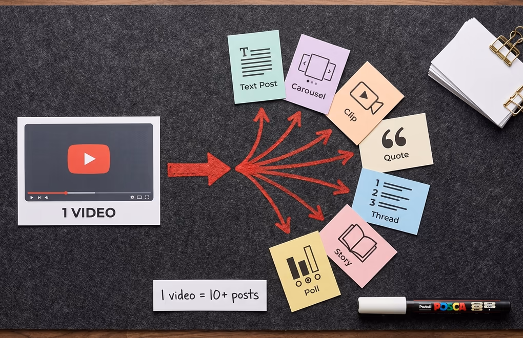Visual showing one YouTube video branching into multiple LinkedIn content formats like text posts, carousels, and clips